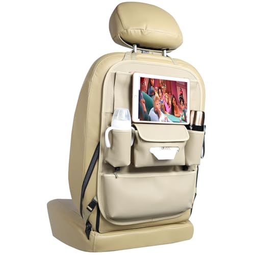Viaviat Car Seat Organizers Waterproof Backseat Protector with Storage Pocket Large Leather Kick Mats for Kids Pets Automobile SUV Truck (Beige, Large Pocket) - color: Beige