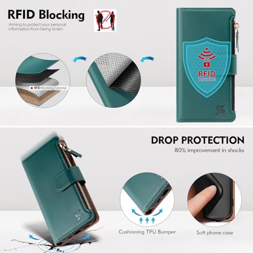 Shieldtop Compatible with Samsung Galaxy A36 5G/A56 5G Wallet Case with Card Holder,PU Leather Phone Case Flip Protective Cover Wrist Strap Zipper Credit Card Slots RFID Blocking Women Men,Blue Green - color: Blue Green