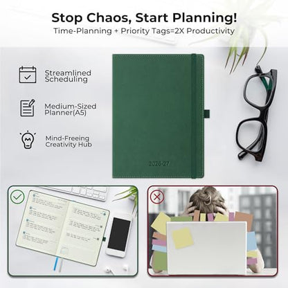 Weekly Monthly 2026-2027 Planner (July 26-Dec 27),8.5"x6.5" | 18 Months Agenda Plan with Month Tabs & Pocket,Expenses/Note Pages, Academic Calendar with Vegan Leather Cover,Green - color: Green, size: Medium-8.5" x 6.5"