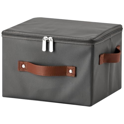 Storage Bins with Zipper Lid PU leather Storage Boxes Leather Fabric Collapsible Lidded Baskets Cube with Handle Decorative Shelves Closet Office Organizer Container(Dark Gray, Small Size) - color: Dark Gray, size: Small(set of 1)
