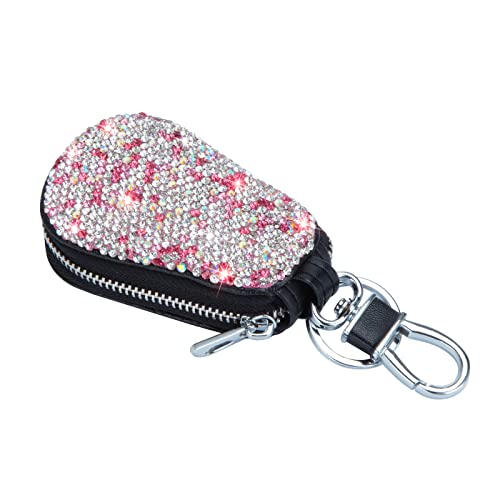 eing Bling Bling Car Key Chain Case Premium Leather Coin Holder Zipper Case Remote Wallet Bag - color: A-pink