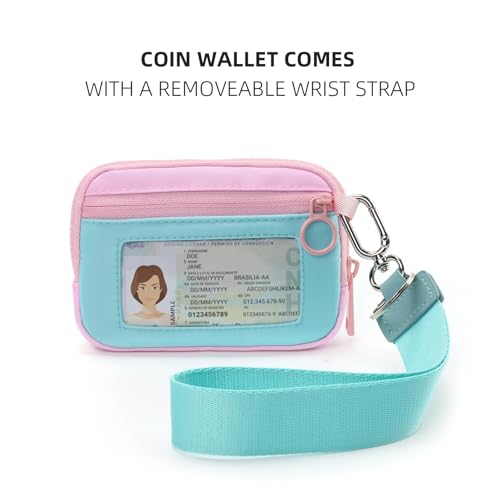 The Iris Wallet Zipper Mini Coin Purse Keychain ID Holder Wallet | Zip Card Case with ID Window Purses for Women Mini Portable Keychain Wallet, Blue and Pink with Lanyard - color: Blue and Pink