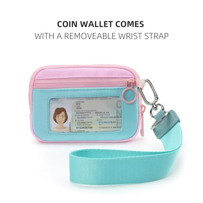 The Iris Wallet Zipper Mini Coin Purse Keychain ID Holder Wallet | Zip Card Case with ID Window Purses for Women Mini Portable Keychain Wallet, Blue and Pink with Lanyard - color: Blue and Pink