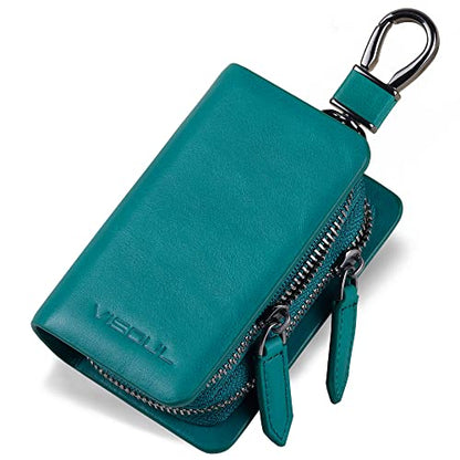 VISOUL Car Key Case Holder Double Zipper, Leather Car Smart Key Fob Case with Keychain for Men and Women - color: Lake Blue