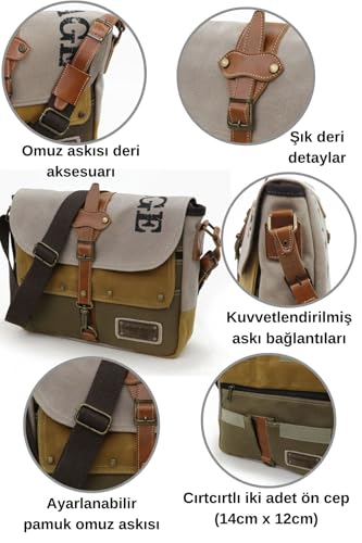 Antiochia 4046 Messenger Bag, Leather Detailed Shoulder Laptop Bag, Unisex Style for Daily, Travel - color: Beige Mustard Light Brown
