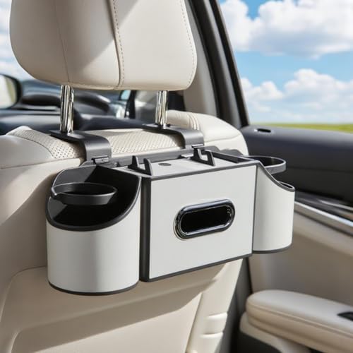 Multifunctional Back Seat Car Organizer with Cup Holders, Tissue Box Holder, Phone Stand and Hooks, 4 in 1 Car Backseat Storage Box, Car Seat Back Organizer for Sedan SUV MPV(White) - color: White