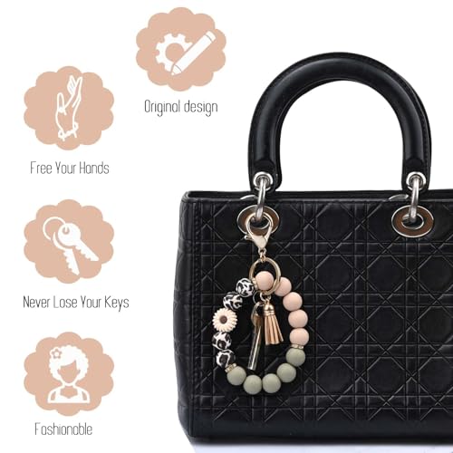 BAOSIWA Silicone Beaded Keychain Wristlet Key Ring Bracelet Cute Car Key Chain Holder for Women Girls - color: Daisy Leopard