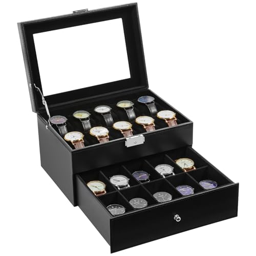 Uten 20-Slot Watch Box, 2-Layers PU Leather Watch Case with Glass Lid, Watch Holder Organizer with Soft Pillow and Velvet Lining, Watch and Jewelry Storage Box - color: Black