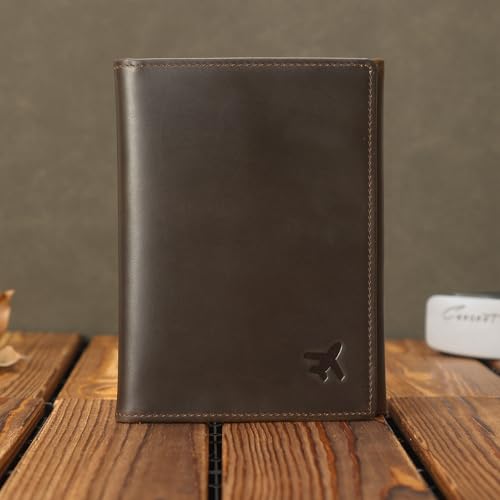 Polare Full Grain Leather Pilot Wallet Passport Holder RFID Blocking Tri-fold Travel Cover Document Organizer for Aviation Professionals - color: Dark Brown