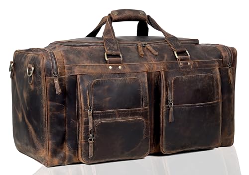 Large 24 inch duffel bags for men holdall leather travel Duffel bag overnight gym sports weekend Duffle bag (Dark Brown, 24" Large)
