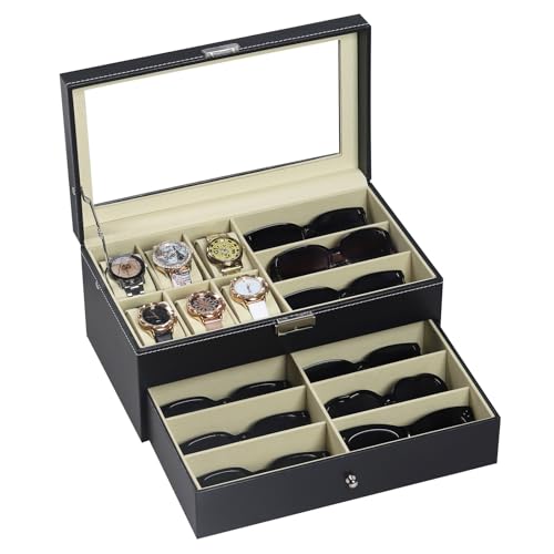 AUTOARK Leather 6 Watch & 9 Eyeglasses Sunglasses Storage Case,Black,AW-048 | Jewelry Case, Sunglass Display Drawer, Lockable, Organizer - color: Black