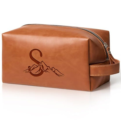 Personalized Gifts Travel Toiletry Bag for Men Engraved Initial | PU Leather Waterproof,Shaving Dopp Kit,Fathers Day Birthday Gift for Husband Dad Son,Accessories Pouch,Light Brown S - color: Light Brown, style: S