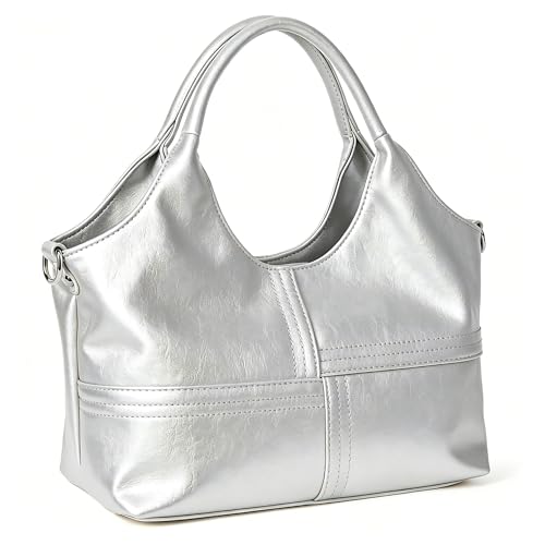 KOGTLA Medium Vegan Leather Purses for Women with Detachable Satchel Strap, Ladies Handbags, Tote Hobo Bags with Two-Handle - color: Silver