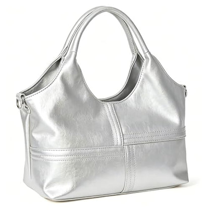 KOGTLA Medium Vegan Leather Purses for Women with Detachable Satchel Strap, Ladies Handbags, Tote Hobo Bags with Two-Handle - color: Silver