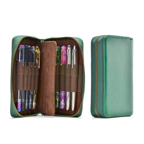 Fountain Pen Leather Pen Case 10 Divided Slots, Rollerball Pen Holder Handmade Display Organizer Zippered Pouch - color: Army Green