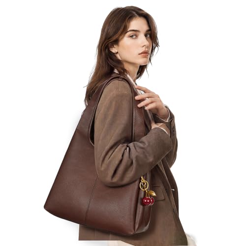 JQWSVE Hobo Bags for Women Vegan Leather Shoulder Bag Large Retro Bucket Tote Bag with Cherry Charm for Travel Work
