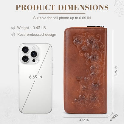 MEITRUE Womens Wallet Large Capacity Phone Clutch Purse RFID Floral Embossed Vegan Leather Travel Wallet with Wristlet Brown - color: 01-brown