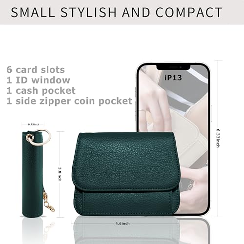 Women Small Wallet RFID Blocking Slim Wallet with Coin Pocket Tri-Fold Credit Card Holder with ID Window and Keychain (Dark Green) - color: Dark Green