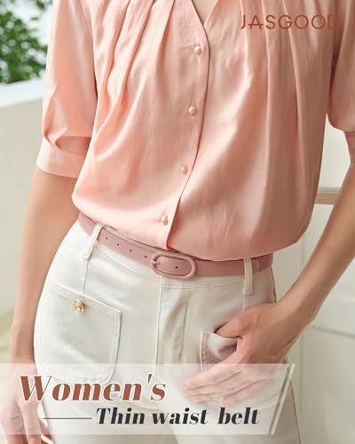 JASGOOD Women Skinny Belt for Jeans Dresses Fashion Thin Waist Belt with Oval Pin Buckle 0.7" Width - color: Pink, size: Fit waist size 32''-36''