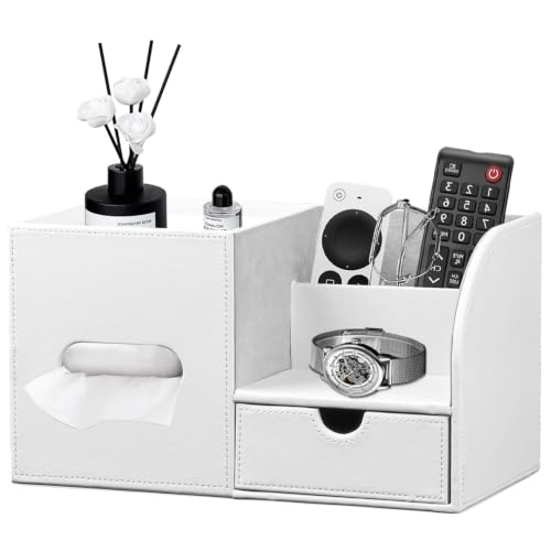 Tissue Box Cover with Drawer Organizer and Storage Tray,Cube Tissue Holder | PU Leather Tissues and Remote Holder,Decorative Facial Paper Nightstand Desk Organizer for Bathroom Vanity coffee table - color: Cream