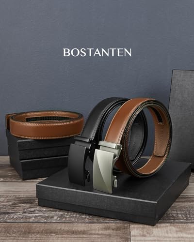 BOSTANTEN Leather Ratchet Belts for Men 2 Pack Trimmable 1 3/8“ Gift Boxed - color: 003-black and Coffee, size: 28"-34" Waist Adjustable