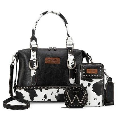 Wrangler 3Pcs Doctor Bag Sets for Women Top-handle Satchel Bag with Cell Phone Handbag and Coin Purse - color: Black Cow Print