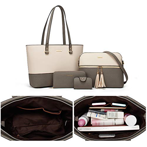 Women Fashion Handbags Tote Bag Shoulder Bags Top Handle Satchel Purse Set - color: Beige+gray
