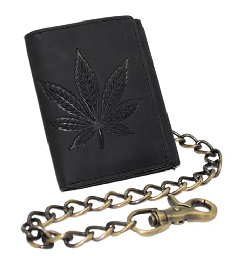 MARSHAL Genuine Leather Marijuana Leaf Chain Wallet for Men – Trifold Biker Wallet with RFID Blocking, ID Window & Heavy-Duty Chain (Marijuana Black) - color: Marijuana Black