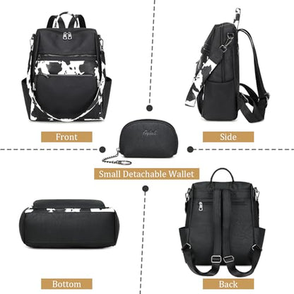 AGLOD Leather Backpack Purse for Women Designer Ladies Shoulder Bag Fashion Faux Work Travel Handbags - color: Cow Black