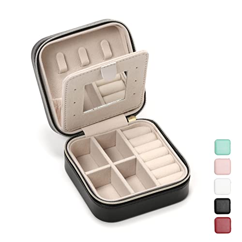 TRODANCE Jewelry Travel Case with Mirror,Small Travel Jewelry Organizer, Portable Jewelry Box Travel Mini Storage Organizer Portable Display Storage Box for Rings Earrings Necklaces (Black) - color: B1 - 1 pack - Black