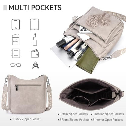 Medium Crossbody Bags for Women,Vegan Leather Hobo Purses Embossed | Women's Shoulder Handbags with Adjustable Boho Strap for Daily Travel Lightweight Cross body Purses with Multi Pockets - color: 05-gray