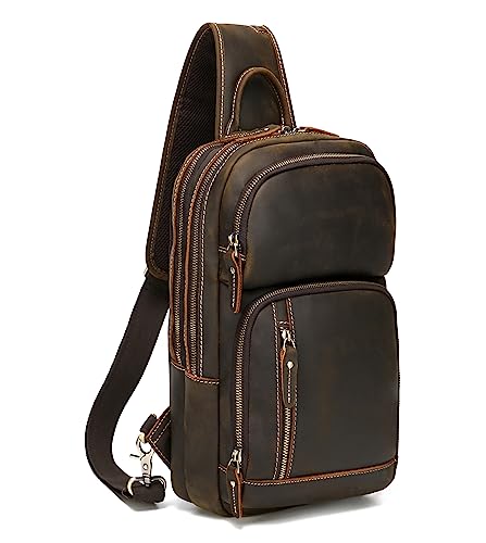 LANNSYNE Full Grain Leather Sling Bag For Men, Crossbody Bag fits 12.9" iPad Crossbody Chest Daypack - color: Brown