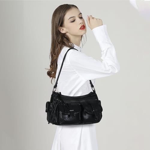 Angel Kiss Hobo Purses for Women Crossbody Shoulder Bag Ladies Multi Pocket Handbags with Adjustable Shoulder Strap | Soft Vegan Leather - color: Black