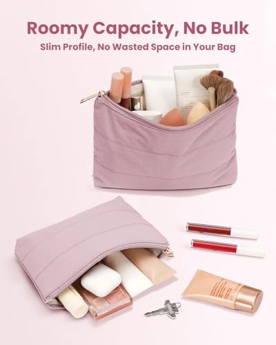 Wandering Nature Small Makeup Bag 2 Pack Cosmetic Bag for Purse, Puffer Quilted Makeup Pouch, Cute Travel Pouch with Zipper for Women, Baby Pink - color: Baby Pink