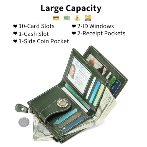 SENDEFN Small Womens Wallet Leather Bifold Card Holder RFID Blocking with Zipper Coin Pocket - color: 1-Wax-Green