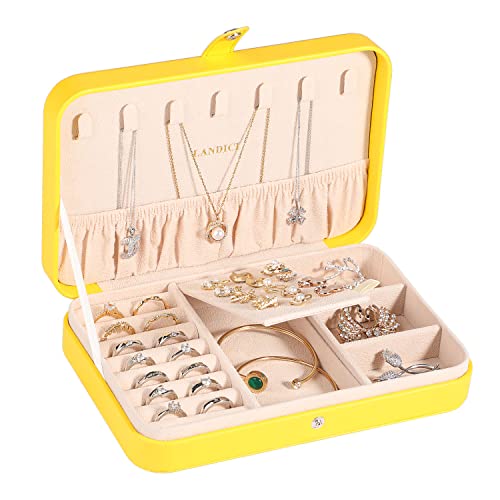 LANDICI Small Jewelry Box for Women Girls, PU Leather Travel Jewelry Organizer Case, Portable Jewellery Storage Holder Display for Ring Earrings Necklace Bracelet Bangle Watch Men Kids Gift, Yellow - color: Yellow