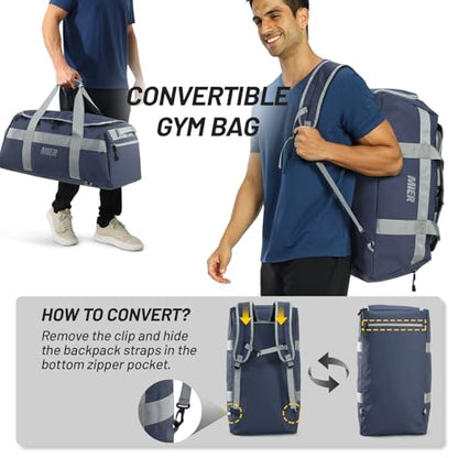 MIER Men's 60L Gym Duffle Bag Large Weekender Travel Duffel Backpack, Blue | Spacious Shoe Compartment; Convertible Duffel with Back Pack Straps; Heavy-Duty & Water-Resistant; Traveling Overnight Gear - color: Blue