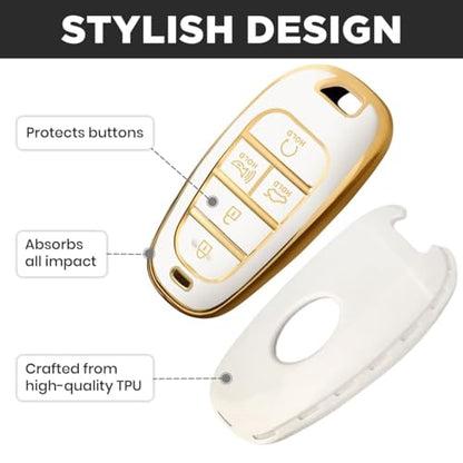 Lucrum Compatible with Hyundai Key Fob Cover & Keychain | Fits Santa Fe, Sonata, Tucson, Grandeur, Ioniq 5, Palisade, Nexo - For 5 Button Remote (2019-2025) - White and Gold - color: White, style: 5 Buttons_1
