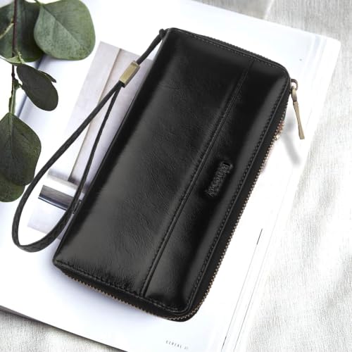 Real Leather Wristlet Wallet Women With RFID Blocking(ypblack) | Large capacity design,12 credit card slots,1 Inner zipper coin pocket,2 Full-length receipt slots,2 cash compartments - color: b1-Oiled leather black