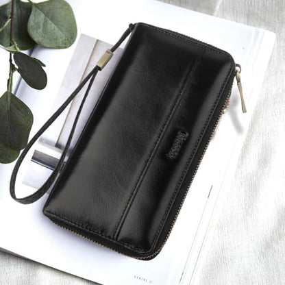 Real Leather Wristlet Wallet Women With RFID Blocking(ypblack) | Large capacity design,12 credit card slots,1 Inner zipper coin pocket,2 Full-length receipt slots,2 cash compartments - color: b1-Oiled leather black