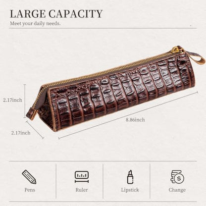 Genuine Leather Pencil Case Cover with Zipper Pen Sleeve Bag | Genuine Full Grain Leather Pencil Pouch for Men and Women,Simple Sturdy Pencil Box.Dark Brown - color: Dark Brown, size: SJX-Pencase-1
