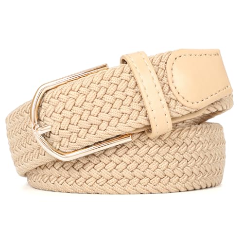 Women Braided Stretch Belts Elastic Canvas Woven Belts For Jeans Pants - color: A-khaki-gold Buckle, size: S: Fit Waist 29-33 Inches