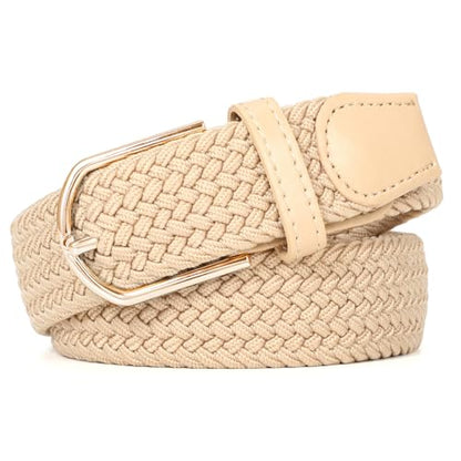 Women Braided Stretch Belts Elastic Canvas Woven Belts For Jeans Pants - color: A-khaki-gold Buckle, size: S: Fit Waist 29-33 Inches