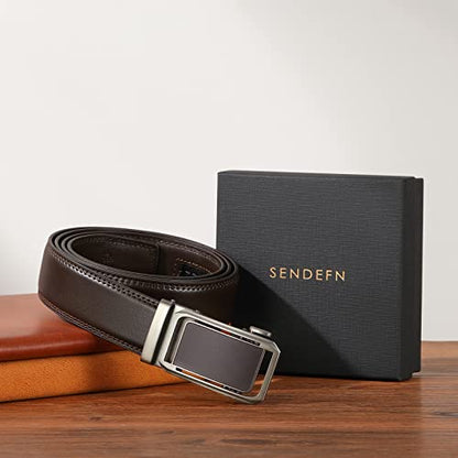 SENDEFN Men's Leather Belt Automatic Ratchet Buckle Slide Belt for Dress Casual Trim to Fit with Gift Box - color: C-coffee-9, size: 32" to 38" Waist Adjustable