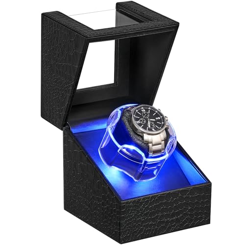 ANWBROAD Single Watch Winder with Led, Watch Winder for Automatic Watches | 4 Modes Automatic Watch Winder Box with Quiet Motor for Men, Watch Rotator with Type-C Adapter or Battery Powered UJWW006B - color: Black
