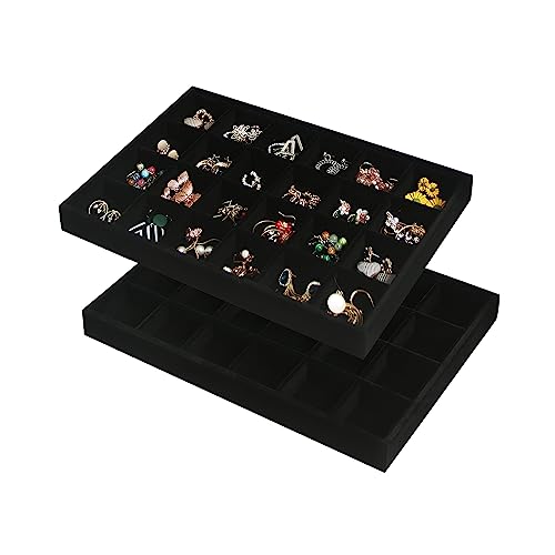Coward 2PC Black Velvet Stackable 24 Gird Jewelry Organizer Tray Necklace Earring Box Storage Drawer Ring Earring Display Holder (24grid+24grid) - color: Black Velvet, size: 24Grids+24Grids