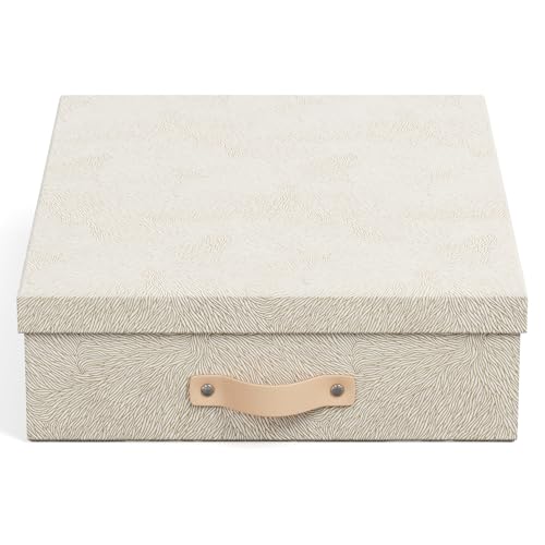 Bigso Oskar Fiberboard Document Storage Box with Lid for A4 and Letter Size Papers - Stylish, Sturdy, and Stackable Keepsake Box with Leather Handle - W10.2in x D13.8in x H3.3in - Waves Gold - color: Waves Gold, size: 1 Pack