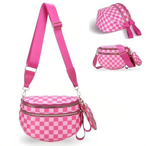 Checkered Crossbody Bum Bags for Women, Nylon Sling Bags with Shoulder Strap, Large Capacity Checkered Purse Bag - color: Pink