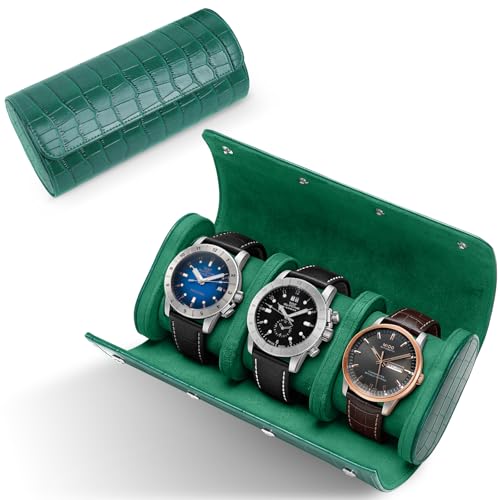 PU Leather Watch Roll Case Organizer-Secure Storage with Removable Pillows & Solid Dividers, Portable Men's Watch Display Case for Home, Travel, and Anniversary Birthday (Green-3 Slot) - size: Green-3 Slot