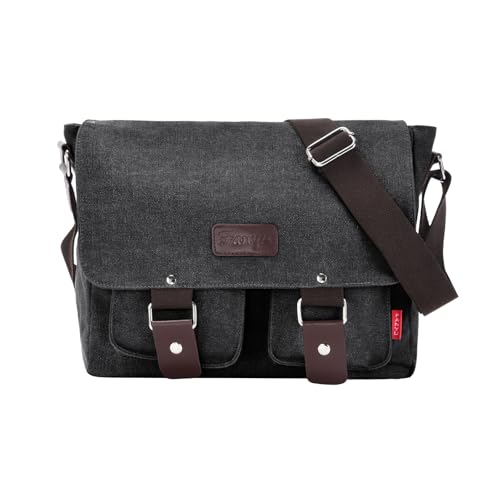 Messenger Bag for men Laptop Bag UnisexRetro Canvas Bag14-15.6 inches Casual single shoulder bag For Work College Travel - color: S-black